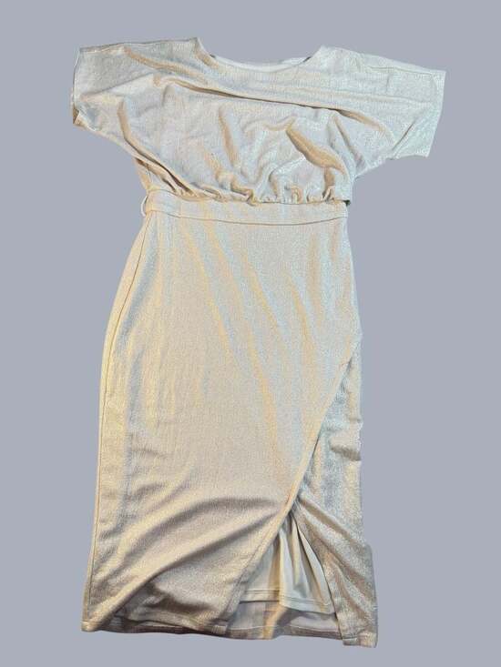 Alexia Admor Dresses & Skirts - Alexia Admor Champagne Shimmer Off-The-Shoulder Ruched Midi Dress Size 8